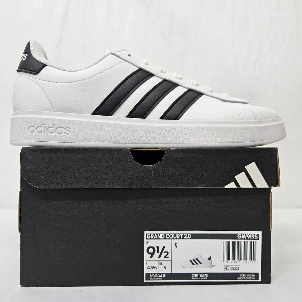 Adidas Grand Court 2.0 Tennis Sneakers GW9195 White Black Mens Size 9.5